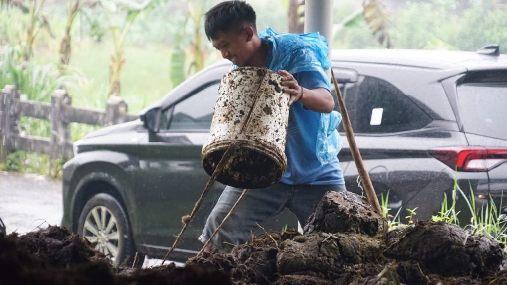 Para peternak sapi Desa Yosorejo bersama-sama mengumpulkan limbah ternaknya. (2)