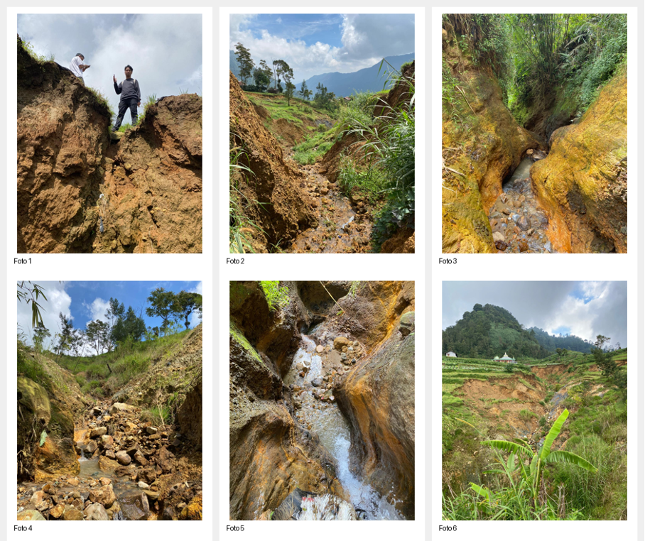 Gambar 1. Dokumentasi lapangan yang memperlihatkan kepala longsor, koridor gerusan, segmen alur sempit, serta panorama skala kerusakan di Rejosari.
