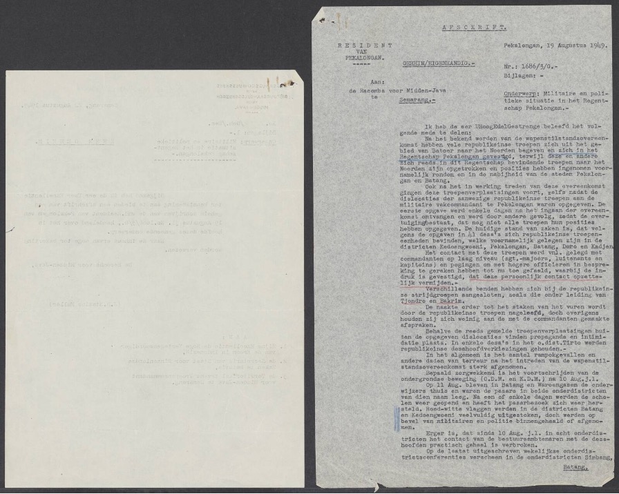 Dokumen 1. Halaman pertama laporan rahasia Resident Pekalongan, 19 Agustus 1949, “Militaire en politieke situatie in het Regentschap Pekalongan”. Sumber: Nationaal Archief, Den Haag, Algemene Secretarie, toegang 2.10.14, inv. 3049, scan 0128.