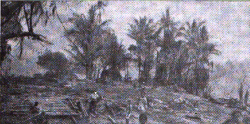 Foto 3. Sisa markas Republik di daerah Lebakbarang setelah dibakar pasukan Belanda. Keterangan asli menyebut seluruh anggota staf selamat. Sumber: Djawatan Penerangan Propinsi Djawa Tengah, Republik Indonesia: Propinsi Djawa-Tengah (1953), dokumentasi foto Pekalongan.